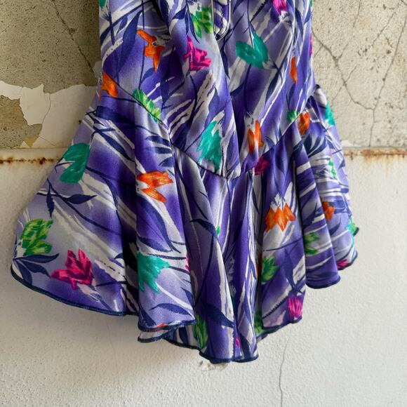 Vintage 80s 90s Floral Peplum One Piece Swimsuit M Purple Modest Pinup Skirted - Picture 4 of 8